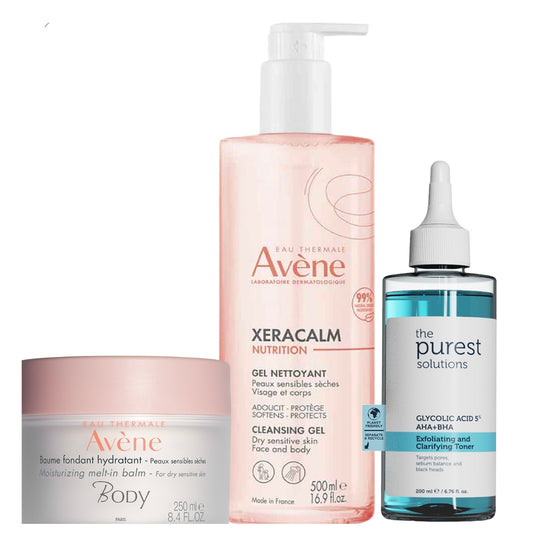 The Body Essentials Trio, Avene Body wash + Body Melt-in Balm + The purest solutions 5% AHA+BHA